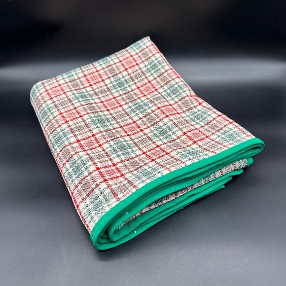 Vintage Blanket Tablecloth Handmade 1960s Green Red Plaid Polyester Christmas - Picture 1 of 6